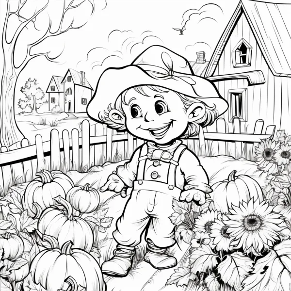 Cartoon kid with hat in pumpkin farm field, autumn rural scene with sunflowers — free printable autumn coloring book page