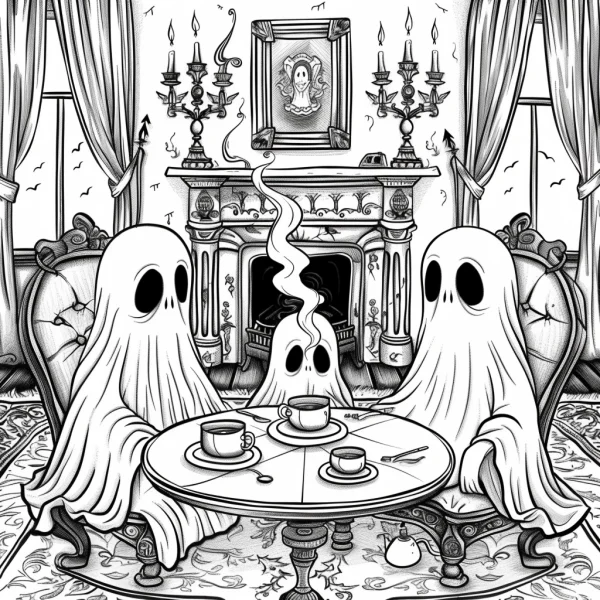 Ghost tea party, cartoon style — free printable halloween coloring book page