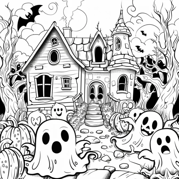 Halloween haunted house with cute ghosts, cartoon style — free printable halloween coloring book page