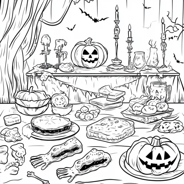 Halloween spooky horror dining table, cartoon horror style — free printable halloween coloring book page