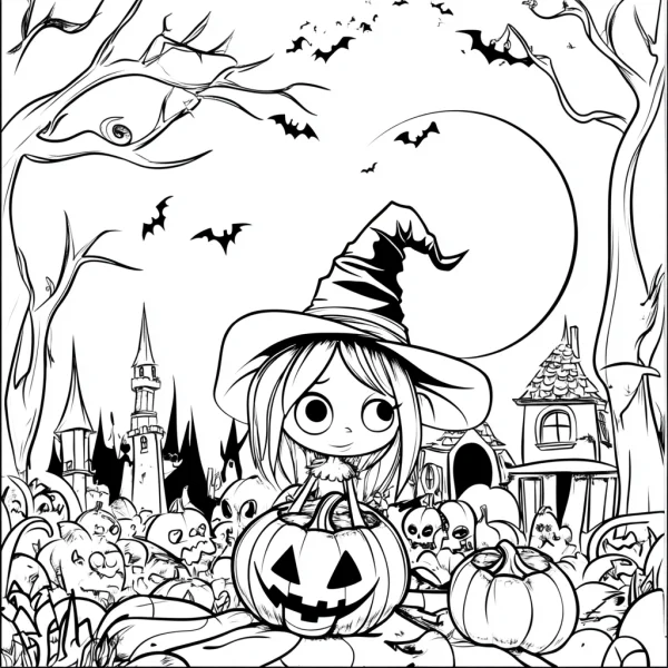 Big-eyed little witch with a jack-o'-lantern, cartoon style — free printable halloween coloring book page