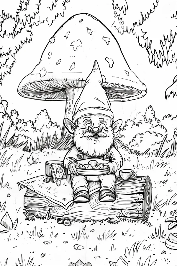 Picnicking gnome sitting on log under large mushroom, cartoon style — free printable picnic coloring book page