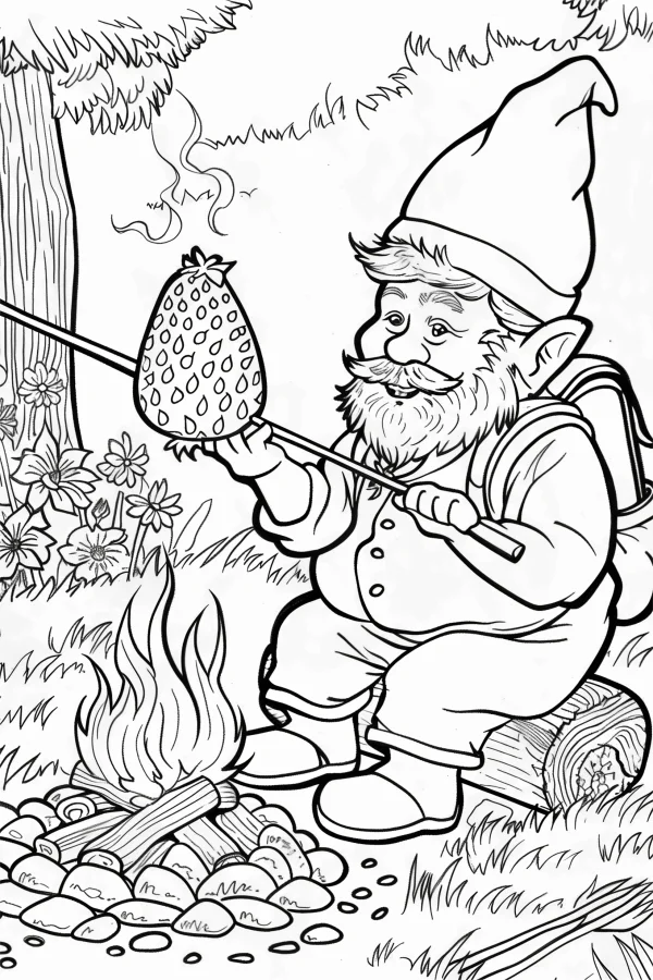 Gnome roasting a strawberry over campfire, fairy tale cartoon style — free printable camping coloring book page