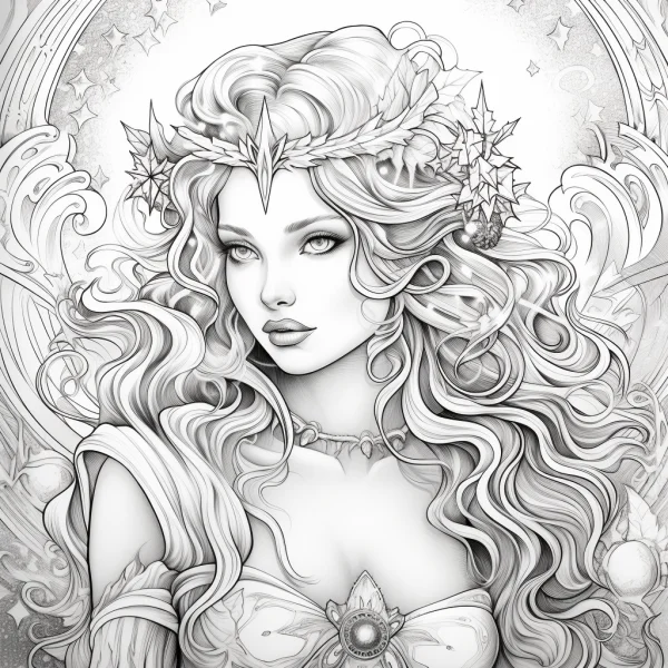 Elegant curly-haired fairy with star headpiece, art nouveau style — free printable mythology coloring book page