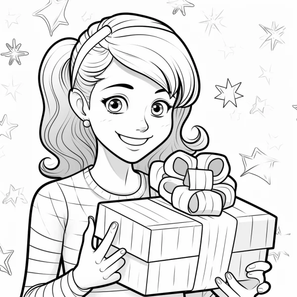 Smiling girl holding gift box with bow, cartoon style — free printable birthday coloring book page