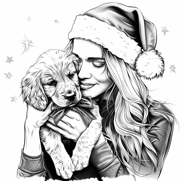Girl wearing santa hat hugging a cute puppy, realistic sketch style — free printable family coloring book page