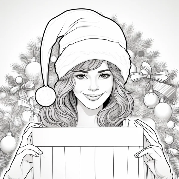 Girl wearing santa hat holding a gift box, realistic line art style — free printable gift coloring book page