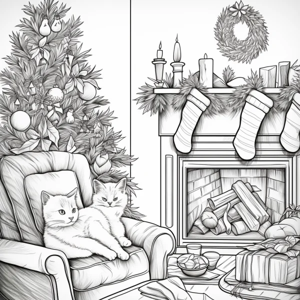 Two cats lying on armchair in christmas living room, realistic line art style — free printable family coloring book page
