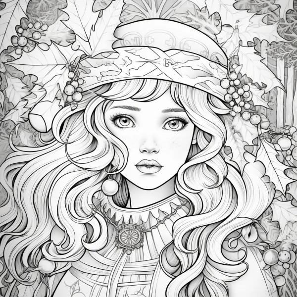 Vintage curly-haired girl with decorated wide-brimmed hat, surrounded by holly leaves and berries — free printable vintage coloring book page