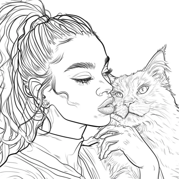 Girl with high ponytail holding a fluffy long-haired cat, realistic line art style — free printable pets coloring book page