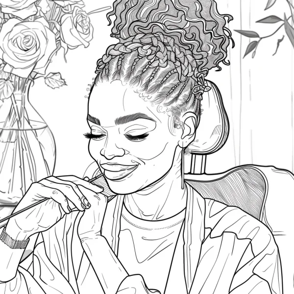 Curly-haired woman doing manicure, realistic sketch style — free printable other life themes coloring book page