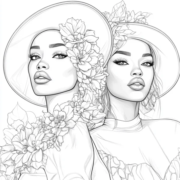Two elegant women wearing wide-brimmed hats decorated with flowers, realistic line art — free printable fashion coloring book page