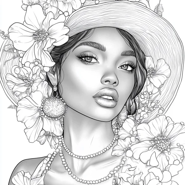 Coloring book page, fashionable girl in wide-brimmed hat adorned with flowers — free printable fashion coloring book page
