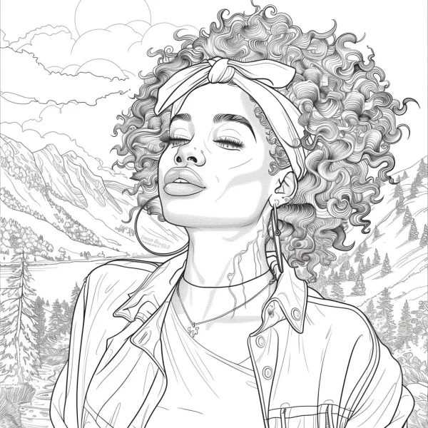 Curly-haired girl with headband in outdoor mountain landscape, sketch and realistic style — free printable travel coloring book page