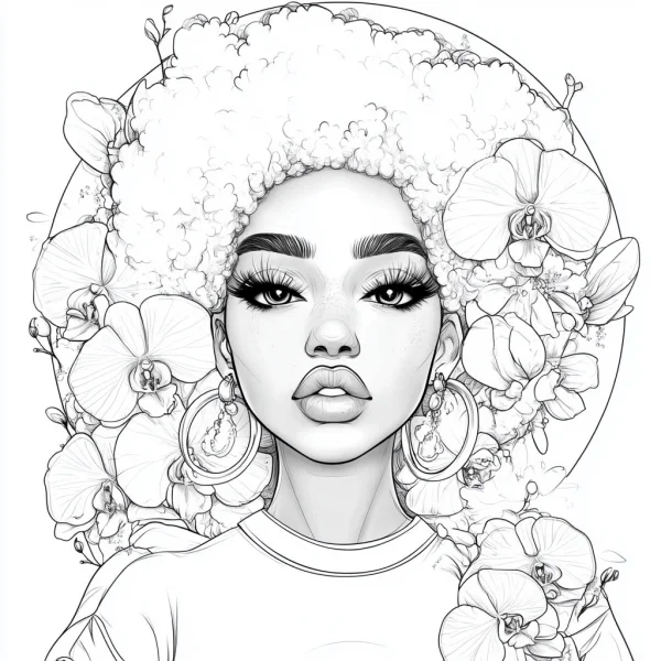 Curly-haired girl with orchids, cartoon realistic illustration style — free printable fashion coloring book page