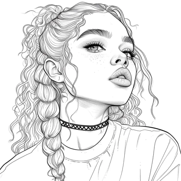 Stylish girl with curly braided hair, realistic line art style — free printable fashion coloring book page