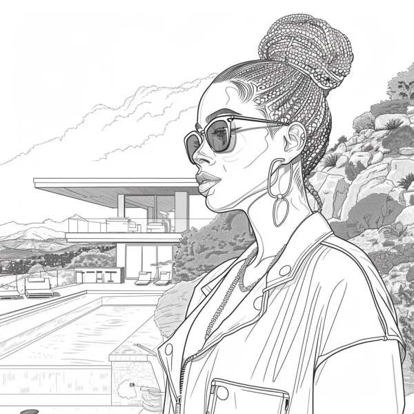 Stylish woman with braided bun and sunglasses, modern realistic line art — free printable fashion coloring book page
