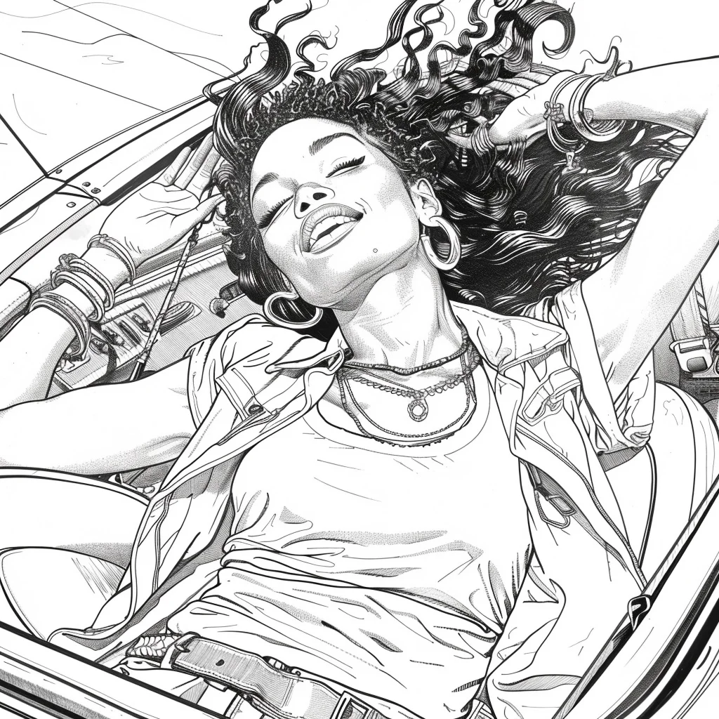Stylish woman relaxing in a convertible car, realistic line art style — realistic style — moderate detail — line art coloring page — for kids and adults of all ages