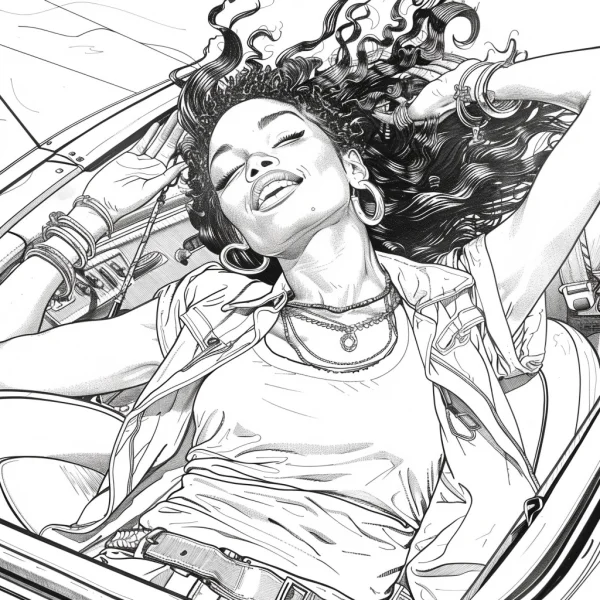 Stylish woman relaxing in a convertible car, realistic line art style — free printable fashion coloring book page