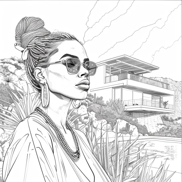 Braided fashion woman with sunglasses and large earrings, realistic style — free printable fashion coloring book page