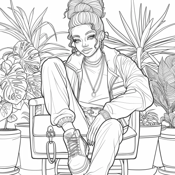 Fashion casual girl with bun hairstyle, surrounded by tropical plants like monstera — free printable fashion coloring book page