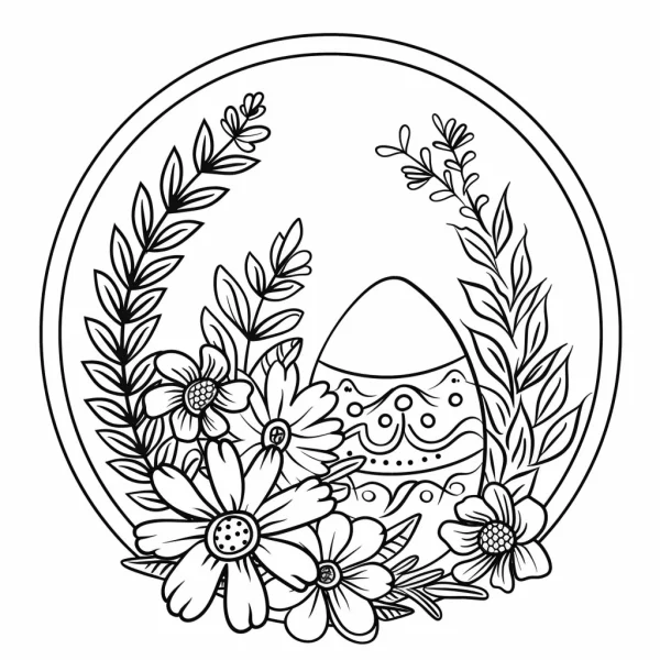 Easter egg surrounded by flowers and leaves in a circular wreath, sketch style — free printable easter coloring book page