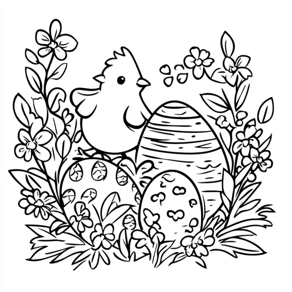 Cute chick with easter eggs, cartoon style — free printable easter coloring book page