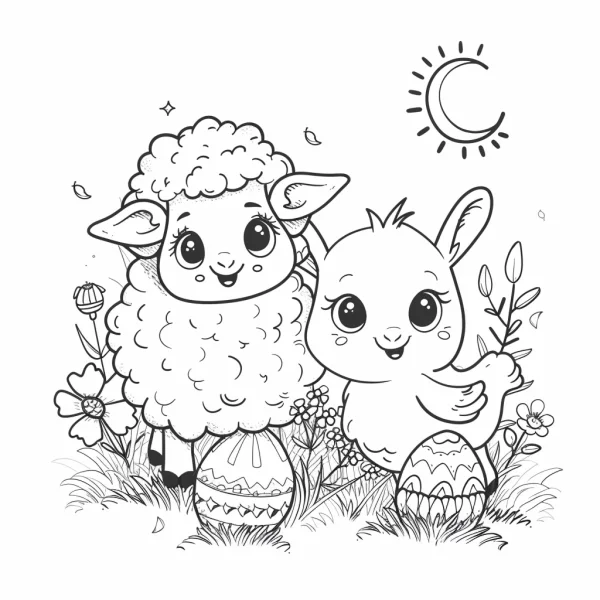 Cute lamb and bunny with easter eggs, cartoon style — free printable easter coloring book page
