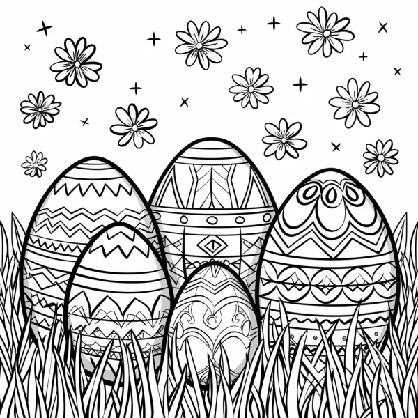 Decorated easter eggs on grass, surrounded by flowers and star symbols — free printable easter coloring book page