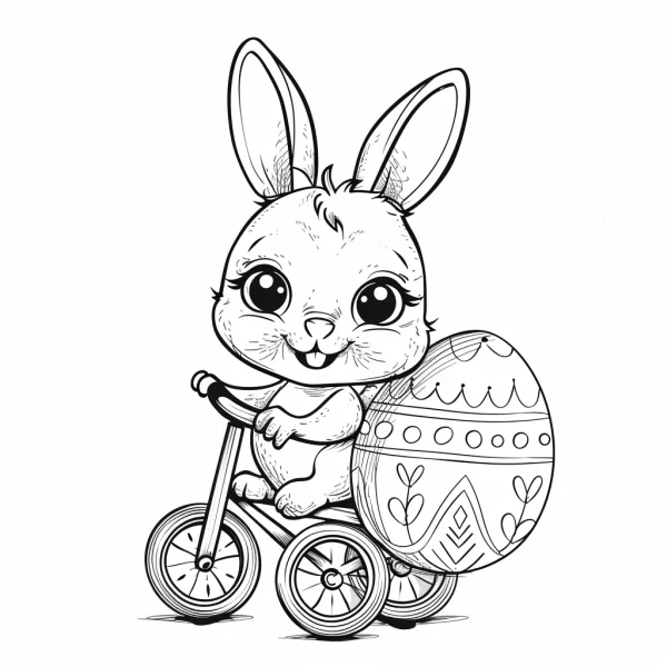 Cute easter bunny riding a small bicycle with a decorated easter egg, cartoon style — free printable easter coloring book page