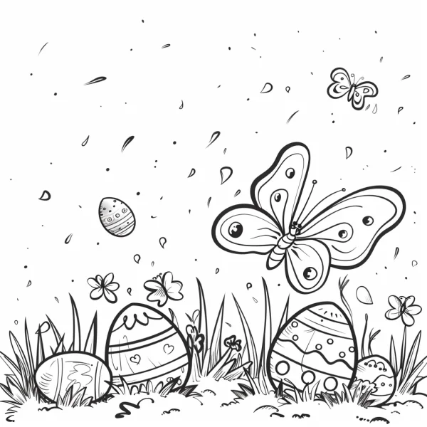 Easter eggs and butterflies, cartoon style — free printable easter coloring book page