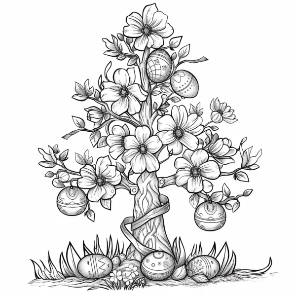 Easter egg tree with blooming flowers and grass, cartoon illustration style — free printable easter coloring book page