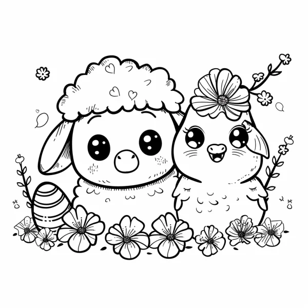 Cute cartoon two lambs, easter theme — free printable easter coloring book page