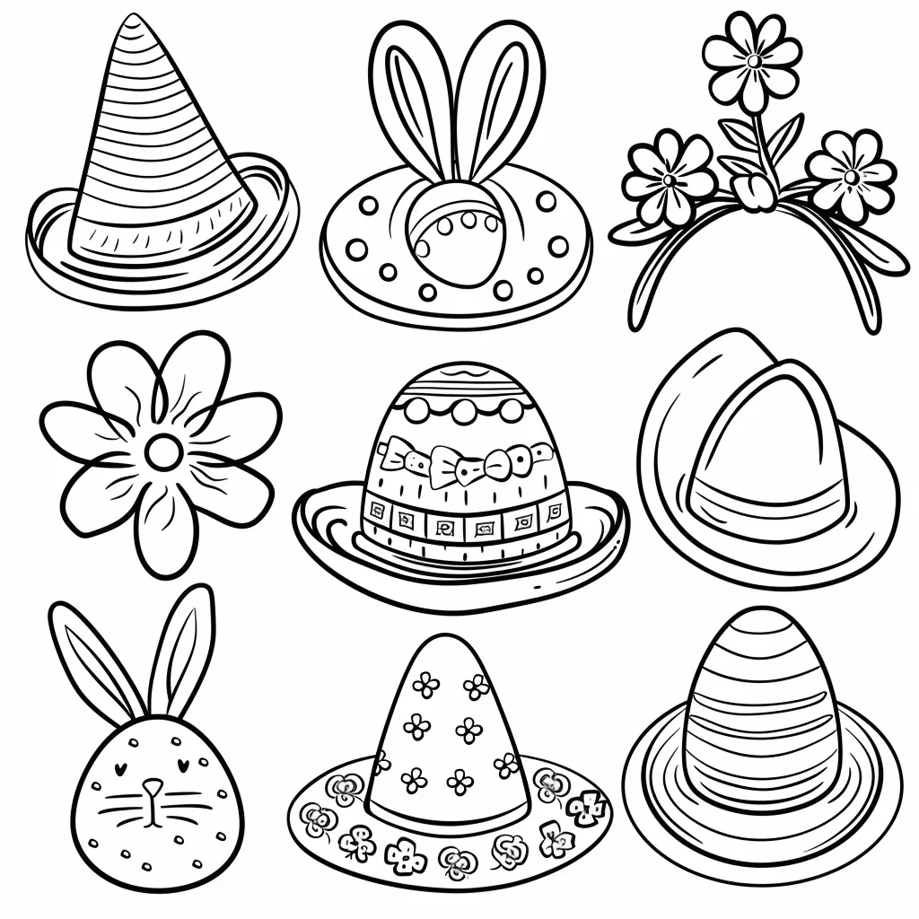 Collection of cute hats and head accessories including bunny ear headbands, flower hair hoops — cartoon style — moderate detail — line art coloring page — for kids and adults of all ages