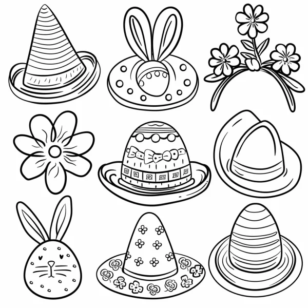 Collection of cute hats and head accessories including bunny ear headbands, flower hair hoops — free printable fashion coloring book page