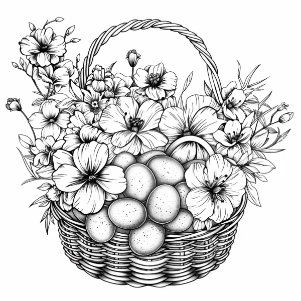 Basket filled with flowers and spotted easter eggs, sketch line art style — free printable easter coloring book page