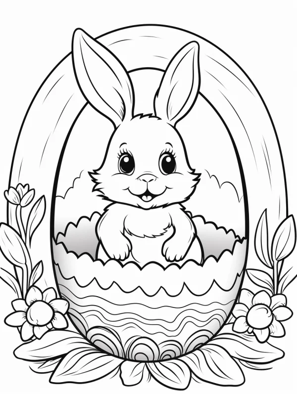 Cute easter bunny sitting in a decorated cracked egg, cartoon style — free printable easter coloring book page
