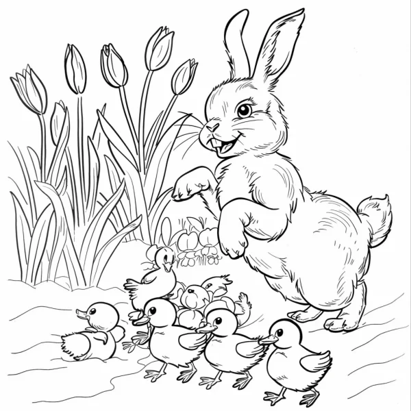 Cartoon style rabbit with a group of ducklings, outdoor scene with tulip buds and grass — free printable spring coloring book page