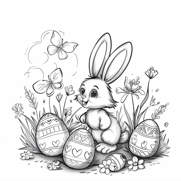 Cute easter bunny with decorated eggs, cartoon style — free printable easter coloring book page