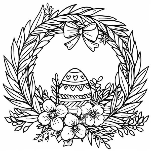 Easter egg wreath with flowers and bow, sketch line art style — free printable easter coloring book page