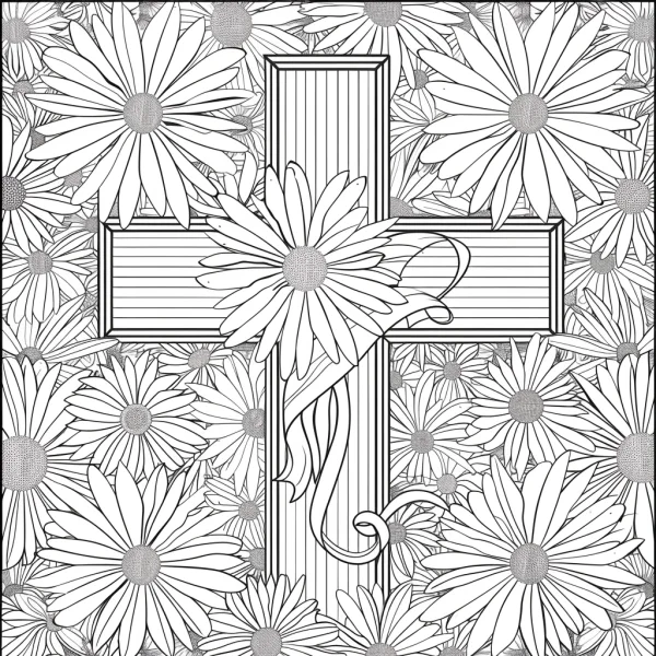 Cross with daisies, filled with detailed daisy flowers — free printable religion coloring book page