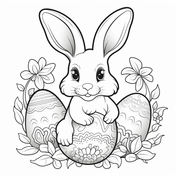 Cute easter rabbit with decorated eggs, cartoon style — free printable easter coloring book page