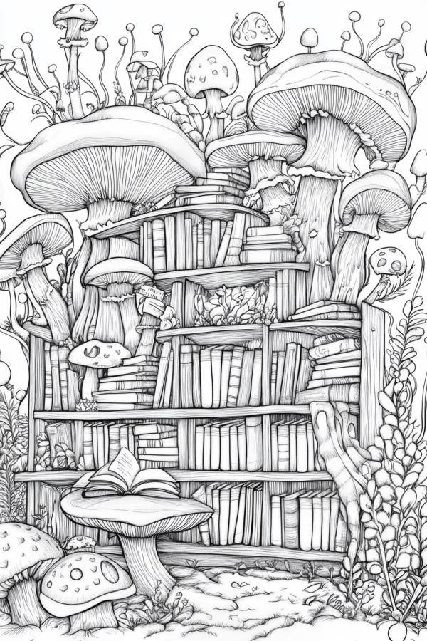 Whimsical mushroom bookshelf, fantasy cartoon style — free printable reading coloring book page