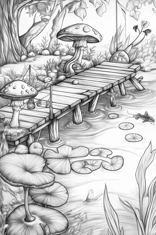 Forest wetland scene with wooden footbridge and various mushrooms, sketch illustration style — free printable wetland coloring book page