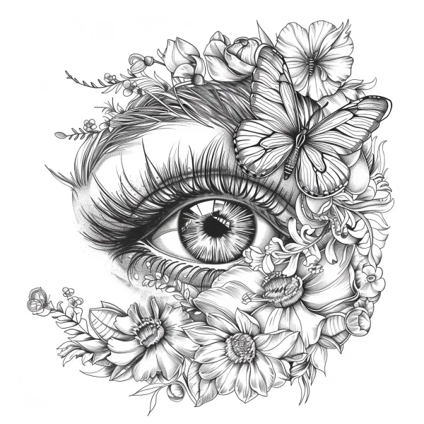 Artistic eye surrounded by flowers and a butterfly, sketch style — free printable butterfly coloring book page
