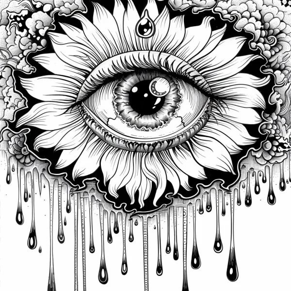 Sunflower fused with human eye, fantasy abstract style — free printable abstract coloring book page