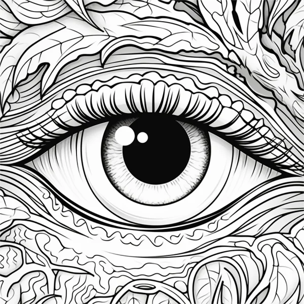 Fantasy abstract eye surrounded by intricate swirling and plant-like patterns, surreal fantasy and abstract art style — free printable abstract coloring book page
