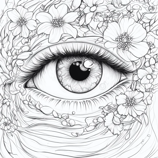 Realistic human eye surrounded by detailed various flowers, line art style — free printable art coloring book page
