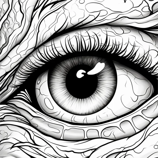 Coloring book page, textured close-up of a human eye — free printable abstract coloring book page