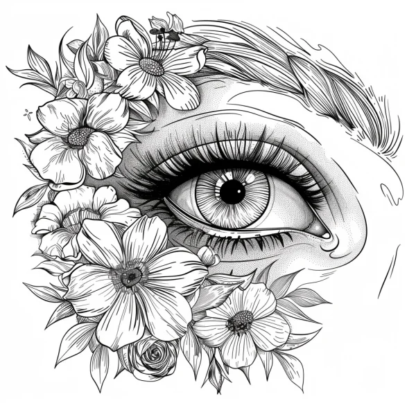 Human eye surrounded by various flowers and leaves, realistic line art style — free printable art coloring book page